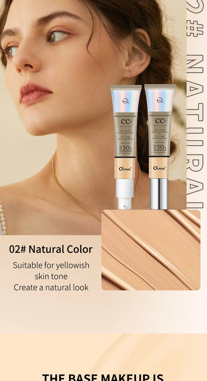 Ocheal 30g CC Cream Foundation – Waterproof Concealer, SPF 50+ Moisturizing Sunscreen, Long-Lasting Brightening Makeup Primer