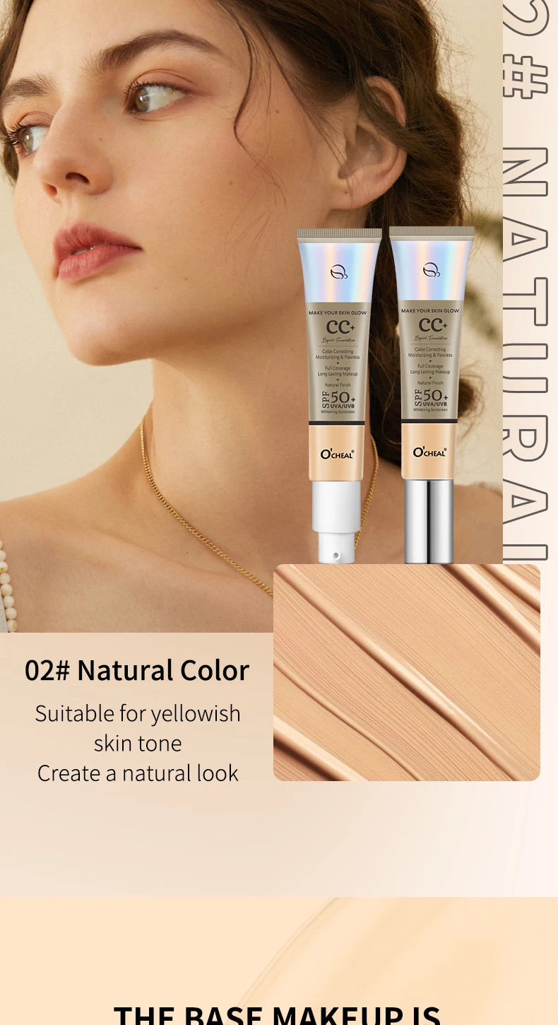 Ocheal 30g CC Cream Foundation – Waterproof Concealer, Moisturizing Sunscreen, SPF 50+, Long-Lasting Brightening Makeup Primer