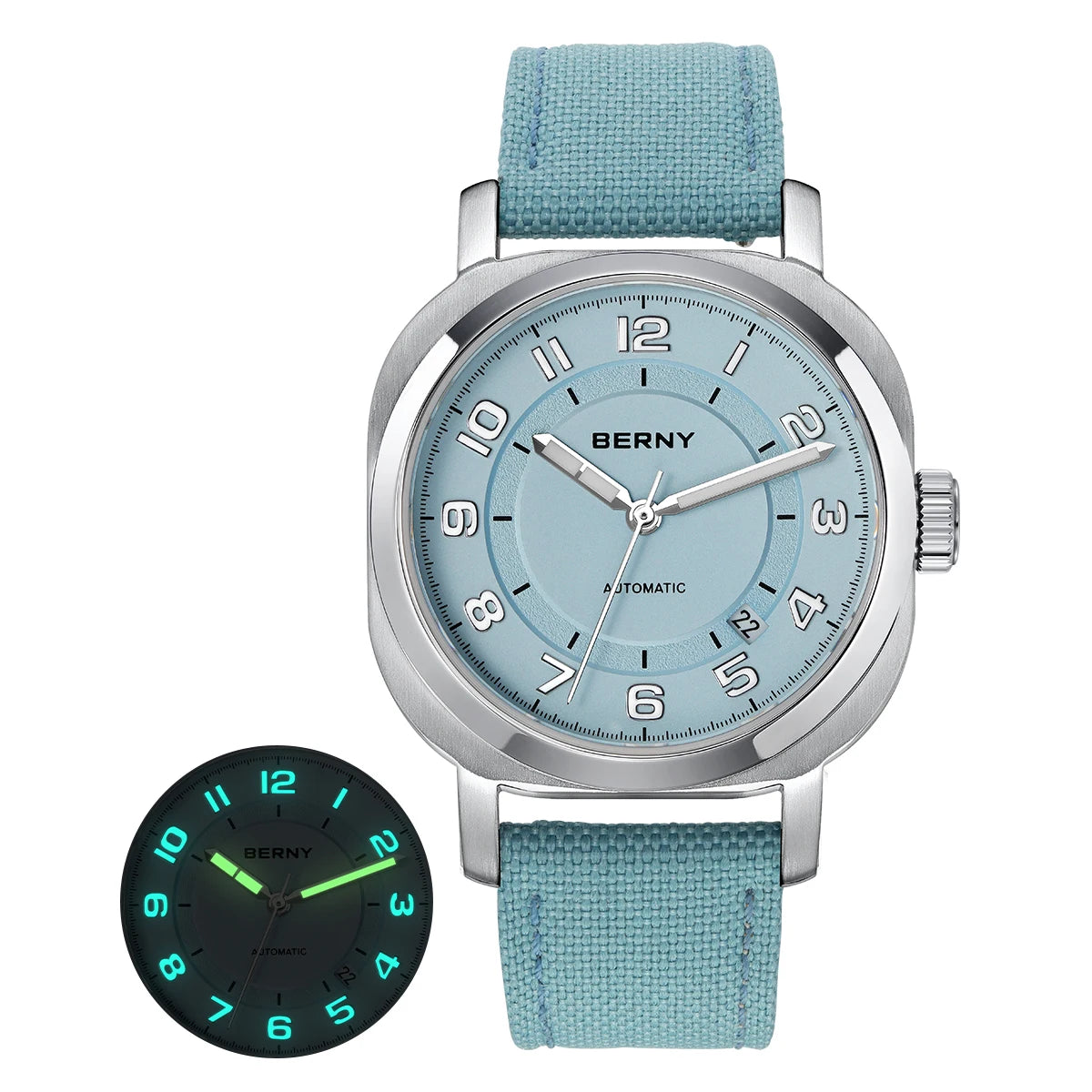 BERNY Women’s Mechanical Watch — Self-Wind Pillow Cushion Design with Sapphire Crystal, Super Luminous Display, Canvas Strap, and Calendar Function
