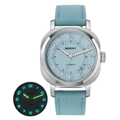 BERNY Women’s Mechanical Watch — Self-Wind Pillow Cushion Design with Sapphire Crystal, Super Luminous Display, Canvas Strap, and Calendar Function