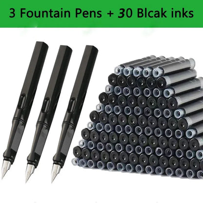 33PCS Kawaii Fountain Pen & Ink Set - Black Blue Red EF 0.38mm Replaceable Ink Pens for School Office Writing Supplies