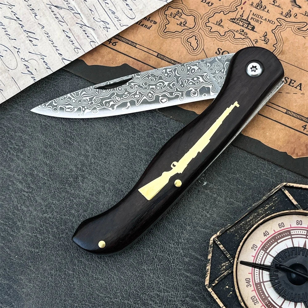 Damascus Folding Knife - Ebony Handle Portable Camping & Hiking Utility Knife