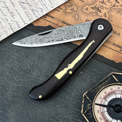 Damascus Folding Knife - Ebony Handle Portable Camping & Hiking Utility Knife