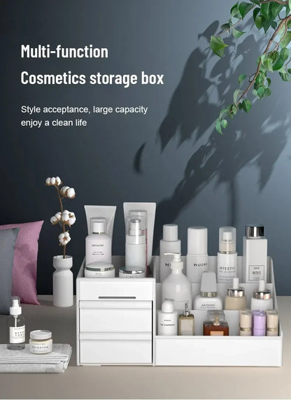 White New Drawer Makeup Storage Box – Plastic Dormitory & Desktop Organizer for Cosmetics & Skin Care – Dressing Table Storage Solution