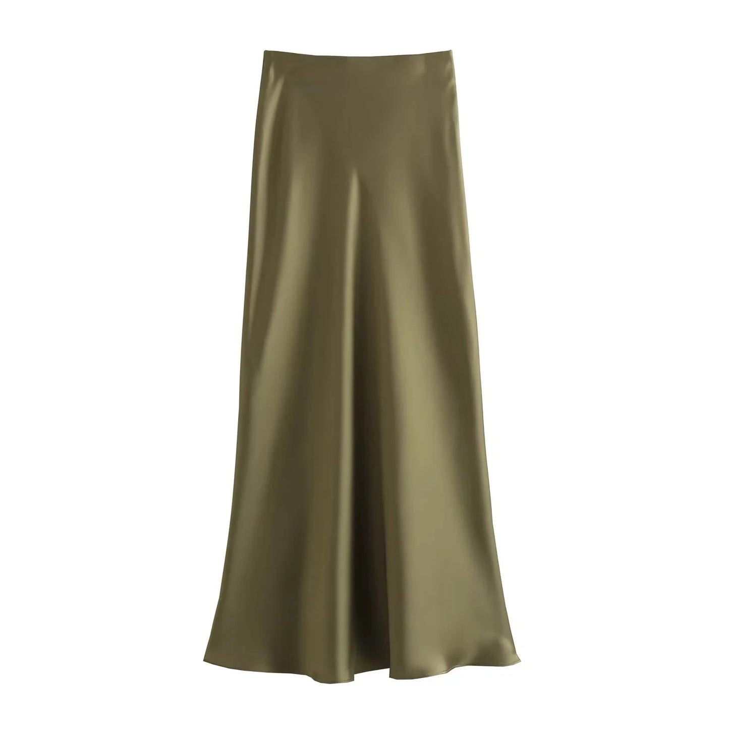 TRAFZA 2024 Y2K Women’s Long Skirt – Elastic High-Waist A-Line Satin Skirt for Spring Casual & High Street Fashion