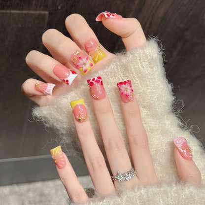 10-Piece 3D Flower Press-On Nails - Elegant French Duckbill Artificial Detachable False Nails