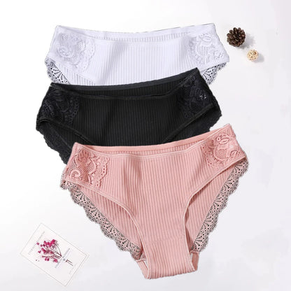 Floral Lace Cotton Women’s Panties - Comfortable Briefs, Solid Color Underwear, 3PCS/Set, Sizes M-XXL
