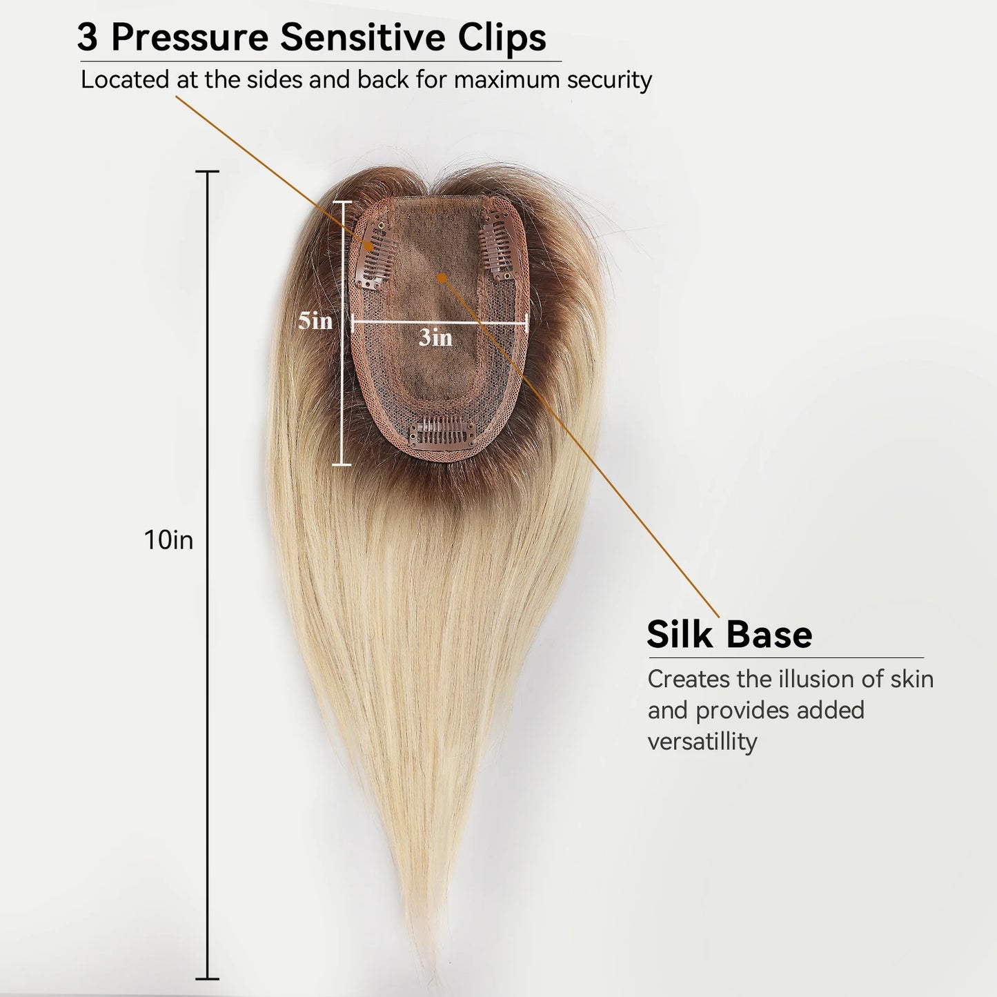 Ombre Brown Blonde Remy Human Hair Topper – 14 Inch Silk Base Clip-In Wig with Bangs for Women