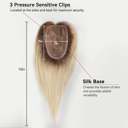 Ombre Brown Blonde Remy Human Hair Topper – 14 Inch Silk Base Clip-In Wig with Bangs for Women