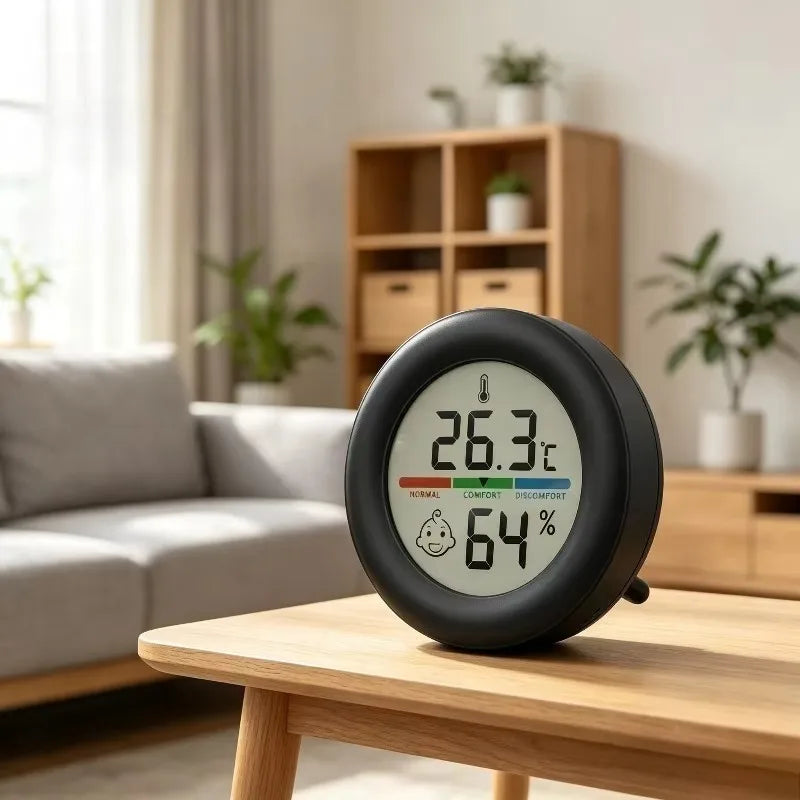 Round Digital Thermometer Hygrometer - High-Precision Indoor Temperature & Humidity Monitor with Magnetic Bracket