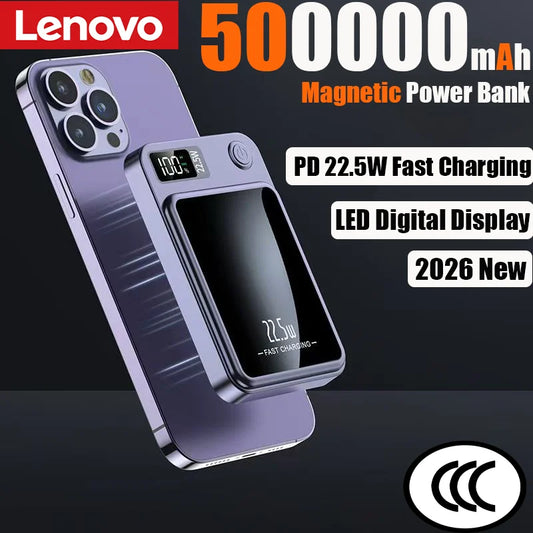 Lenovo 500000mAh Magnetic Power Bank - 22.5W Fast Charging Portable Battery Pack for iPhone & Samsung