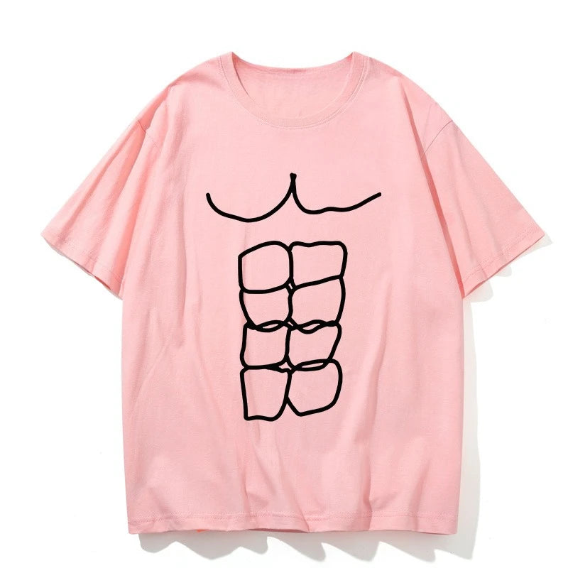 Fun Fitness Abdominal Muscle Print T-Shirt - Women's Short Sleeve Sports Graphic Top