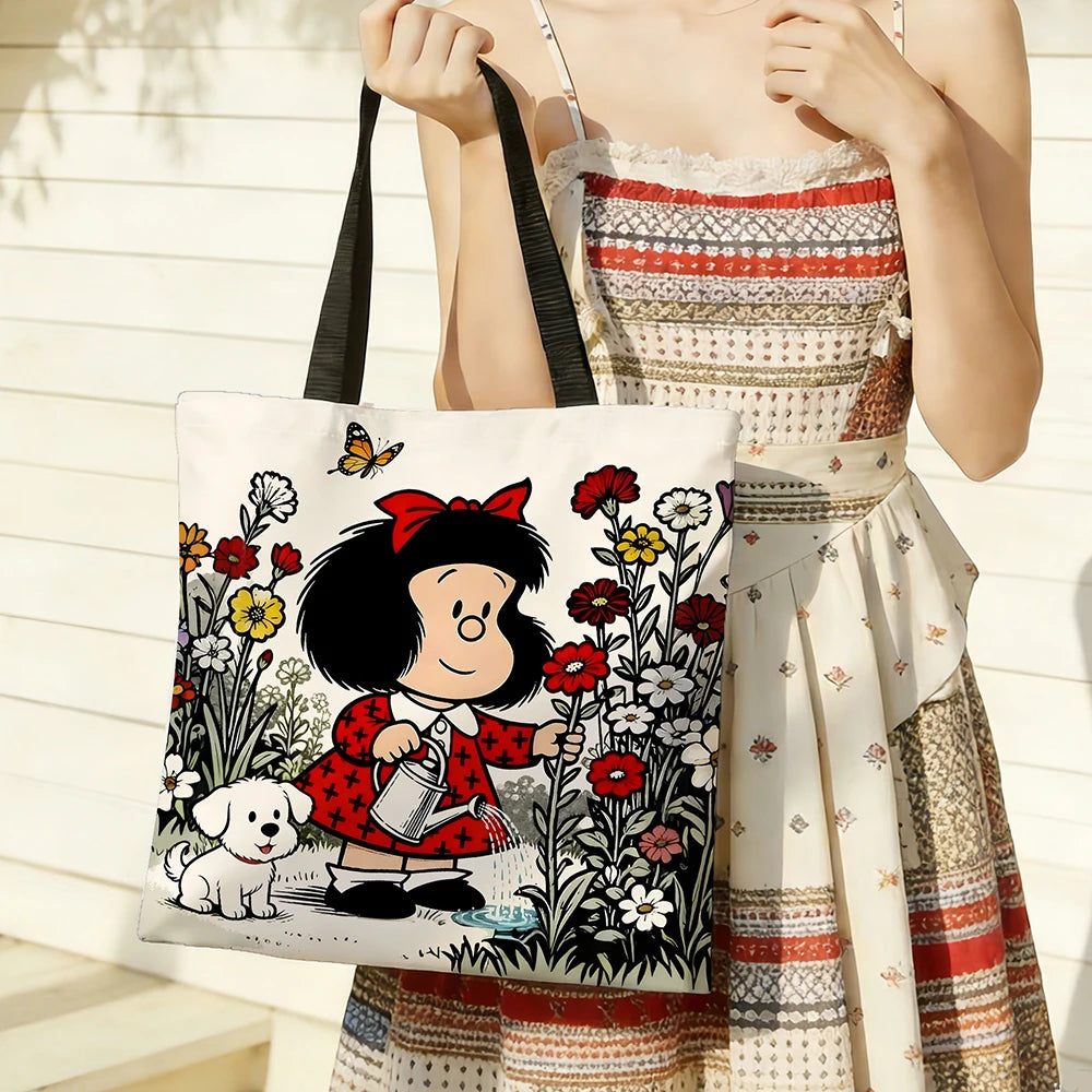 Vintage Cartoon Girl & Puppy Gardening Tote Bag – Cute Floral Watering Scene Canvas Shopper with Butterfly Design, Large Capacity Casual Handbag