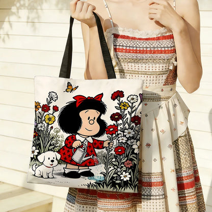 Vintage Cartoon Girl & Puppy Gardening Tote Bag – Cute Floral Watering Scene Canvas Shopper with Butterfly Design, Large Capacity Casual Handbag
