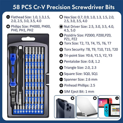 62-in-1 Precision Screwdriver Set – Magnetic Torx, Phillips, Hex Bits with Flexible Shaft, Repair Tools for iPhone, Xiaomi, PC