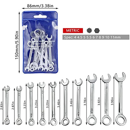10-Piece Mini Wrench Set - Portable Metric and Imperial Pocket Spanners for Compact Everyday Repairs