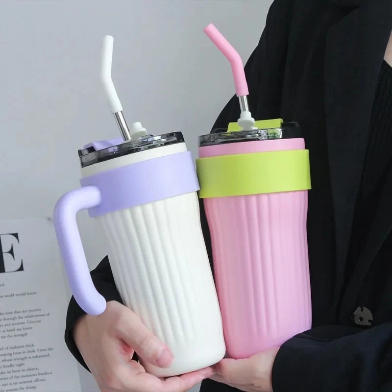 860ML Stainless Steel Coffee Cup – Outdoor Thermo Water Bottle with Straw, Vacuum Flask for Cold & Hot Drinks