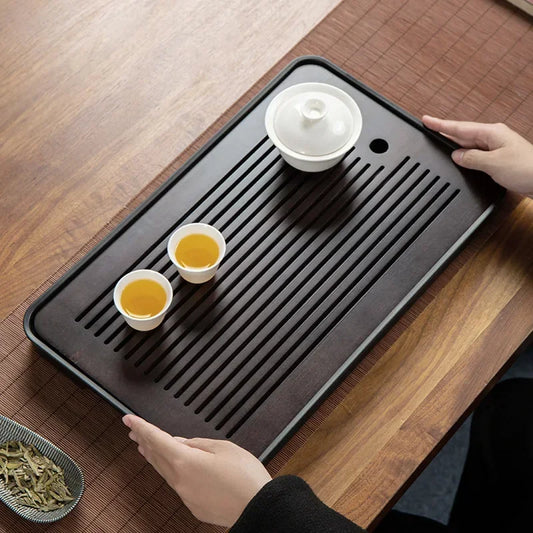 Square Bamboo Tea Tray with Drainage — Elegant Kung Fu Tea Set Tablett for Adults, Simple Chaban Tray for Tea Parties