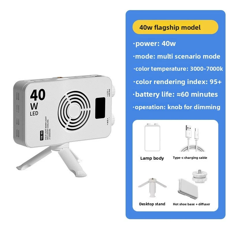40W Mini Portable LED Video Light - Rechargeable Fill Light with PD Mobile Charging