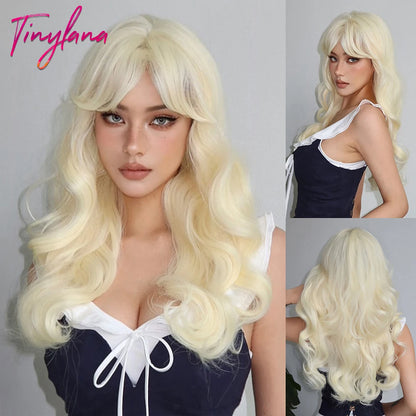 Long Blonde Wavy Synthetic Wig with Bangs – Lolita Cosplay & Halloween Heat-Resistant Wig for Women