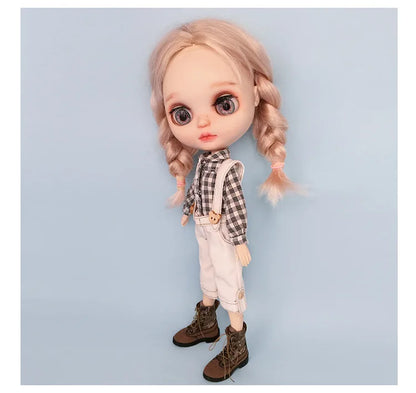 Casual Blythe Doll Clothes – Romper, Plaid Pants & Long Sleeve Top for Licca, Azone, OB24/OB27 Dolls