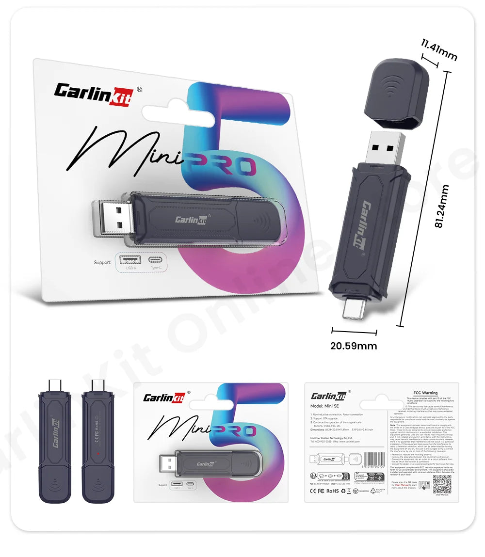 Carlinkit Mini 5 Pro Wireless Adapter — CarPlay & Android Auto Upgrade for Car Intelligent Systems, WiFi FOTA Portable