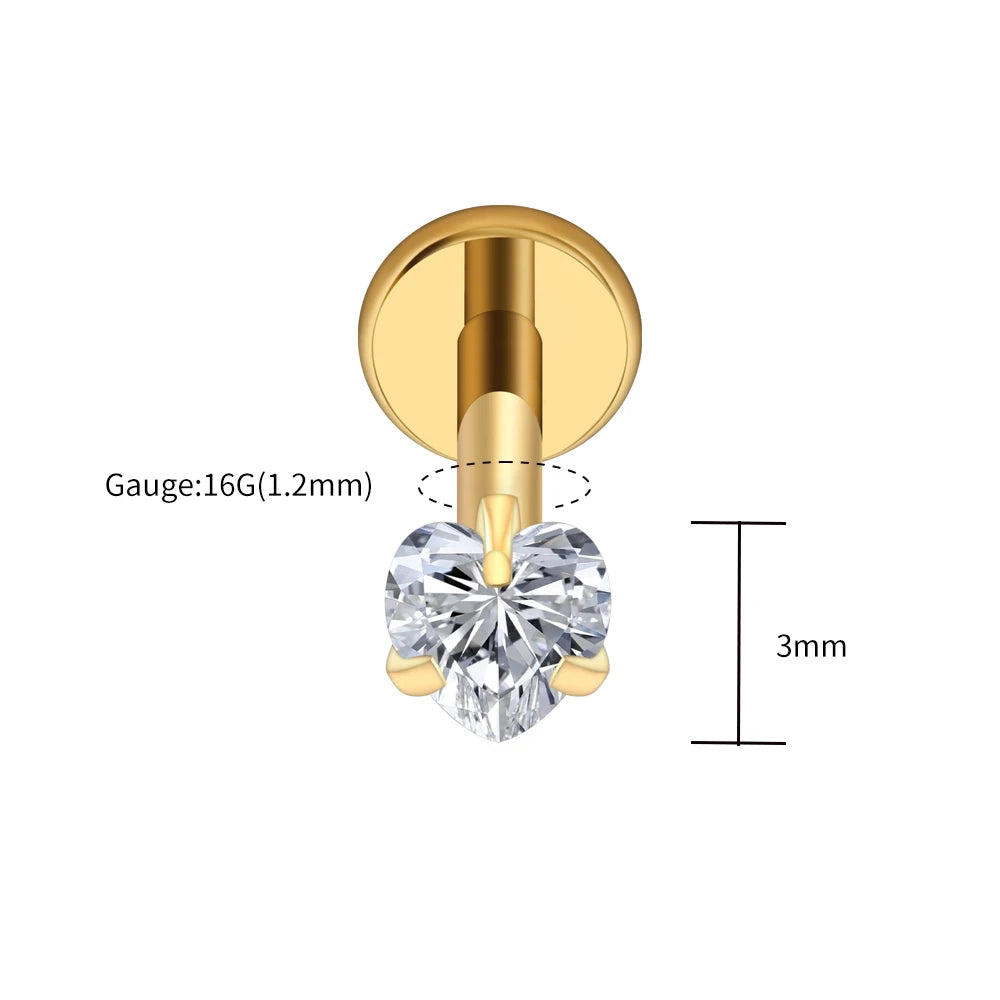 Right Grand ASTM F136 Titanium 16G Heart CZ Threaded Labret Stud – 3mm/4mm/5mm CZ Cartilage, Tragus, Helix & Nose Piercing Jewelry