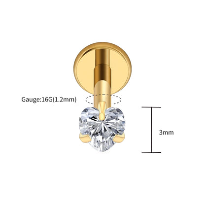 Right Grand ASTM F136 Titanium 16G Heart CZ Threaded Labret Stud – 3mm/4mm/5mm CZ Cartilage, Tragus, Helix & Nose Piercing Jewelry