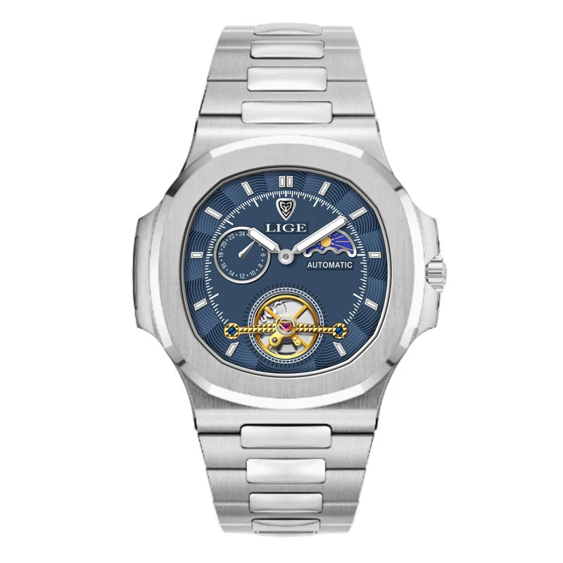 LIGE Dual Seconds Tourbillon Watch – Men's Stainless Steel Mechanical Timepiece, 24H, Night Glow, Waterproof