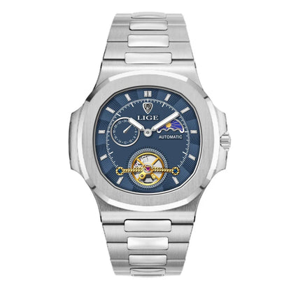LIGE Dual Seconds Tourbillon Watch – Men's Stainless Steel Mechanical Timepiece, 24H, Night Glow, Waterproof