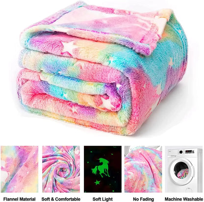 Luminous Unicorn & Dinosaur Plush Blanket – Glow-in-the-Dark Soft Flannel Throw for Boys & Girls, Christmas Gift