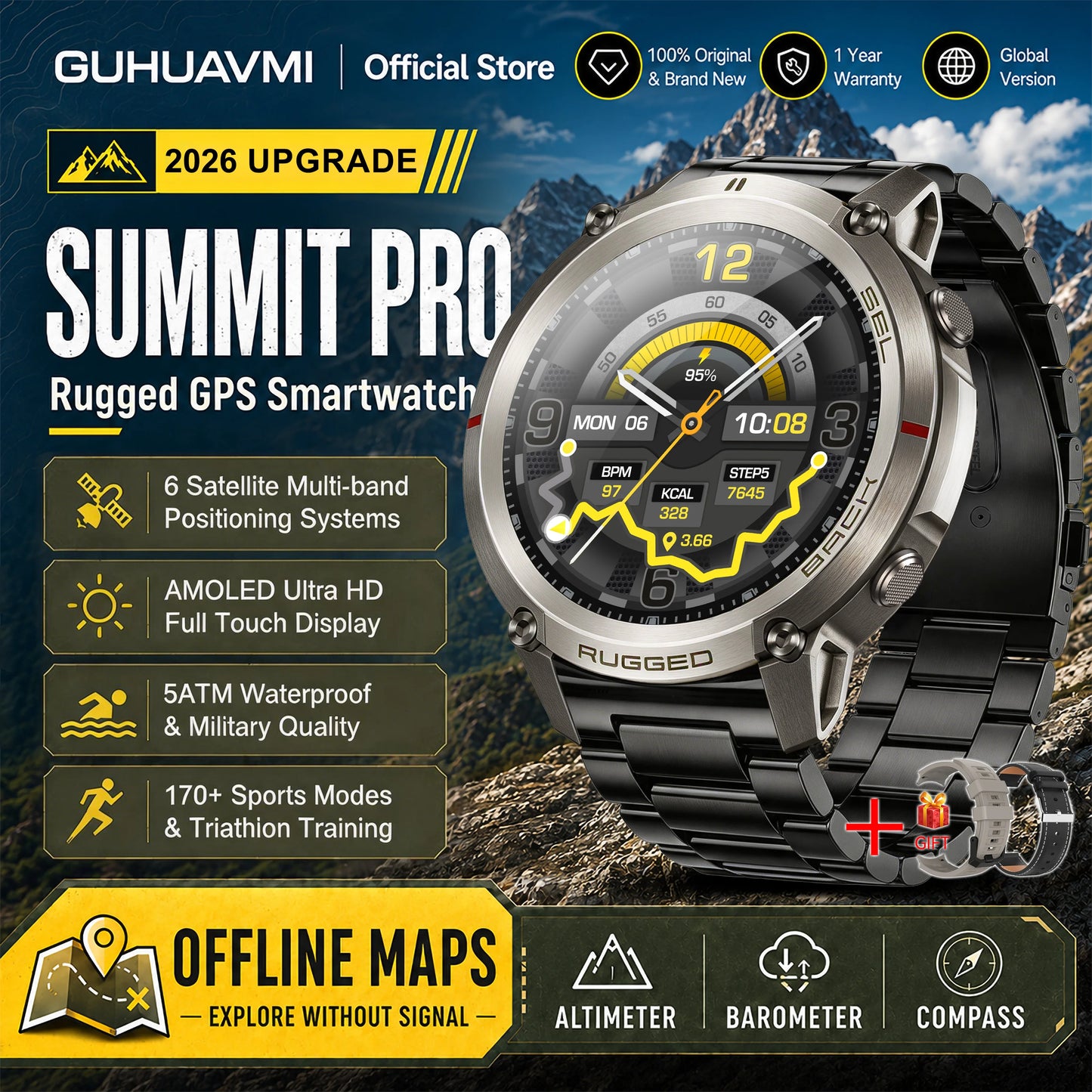 Military GPS Smartwatch for Men - 1.43" AMOLED Display, Bluetooth Calls, Compass, 5ATM Waterproof & 170+ Sports Modes