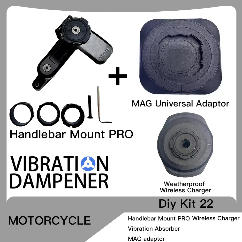 Motorcycle Handlebar Stem Fork Phone Mount — Vibration Dampener with MAG Universal Adapter, Wireless Charger & Mirror Brake Compatible