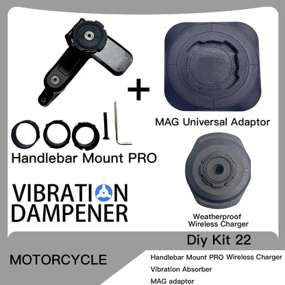 Motorcycle Handlebar Stem Fork Phone Mount — Vibration Dampener with MAG Universal Adapter, Wireless Charger & Mirror Brake Compatible