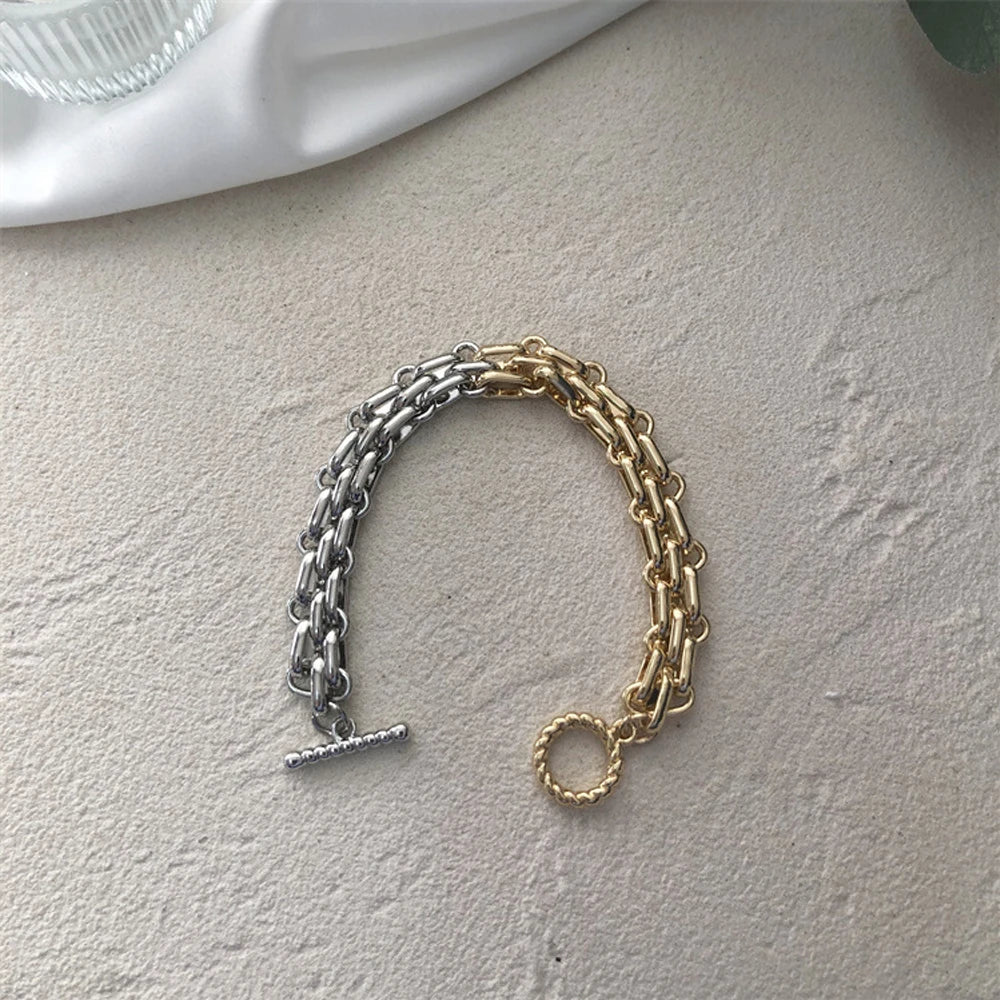 Women’s Punk Chunky Two-Tone Chain Bracelet – Gold & Silver Wide Link Statement Jewelry with Toggle Clasp