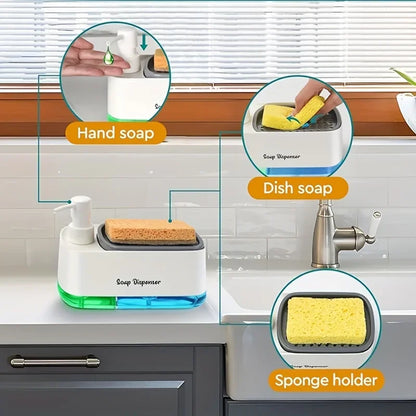 2-in-1 Hand & Dish Soap Dispenser Set — Countertop Soap Pump with Detergent Dispenser & Sponge Holder for Kitchen Sink