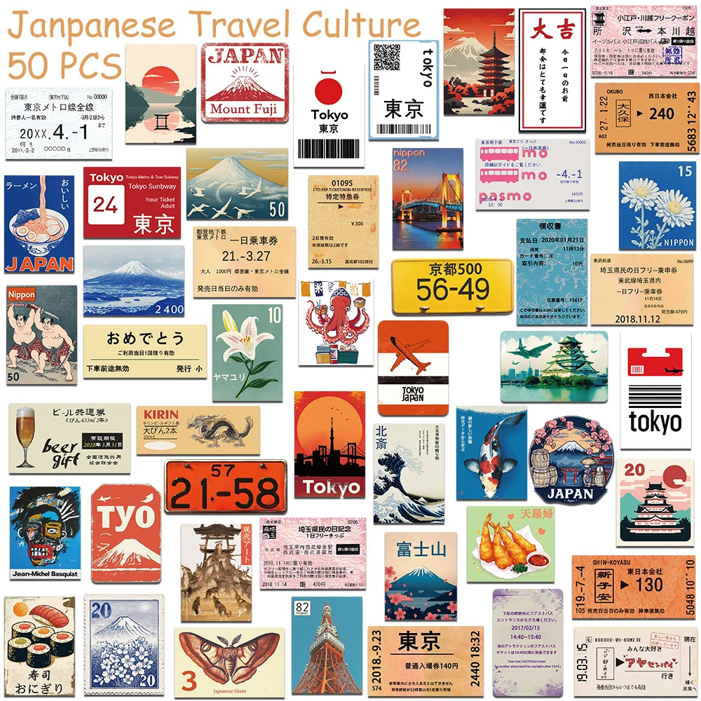 50PCS Travel Culture Stickers - Aesthetic DIY Decals for Phone, Laptop, Scrapbook, Skateboard & Guitar Decor