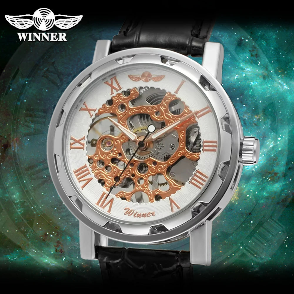 T-Winner Classic Skeleton Watch – Mechanical Hand-Wind Wristwatch with PU Leather Strap for Men & Women