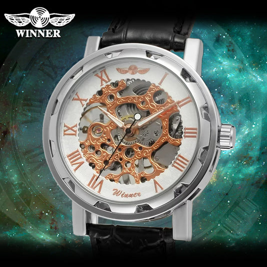 T-Winner Classic Skeleton Watch – Mechanical Hand-Wind Wristwatch with PU Leather Strap for Men & Women