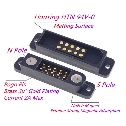 Magnetic Pogo Pin Connector - 2A Spring Loaded Male Female 2.54mm DC Power Socket, 8/10/12/14/16/20 Position Contacts, 1/3/5 Pairs
