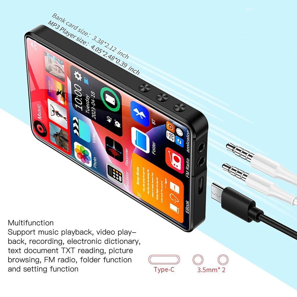HD MP3 MP4 Player – Full Touch Screen, Bluetooth 5.2, 16GB, Built-in Speaker, Music Player, FM Radio, Recording & Ebook