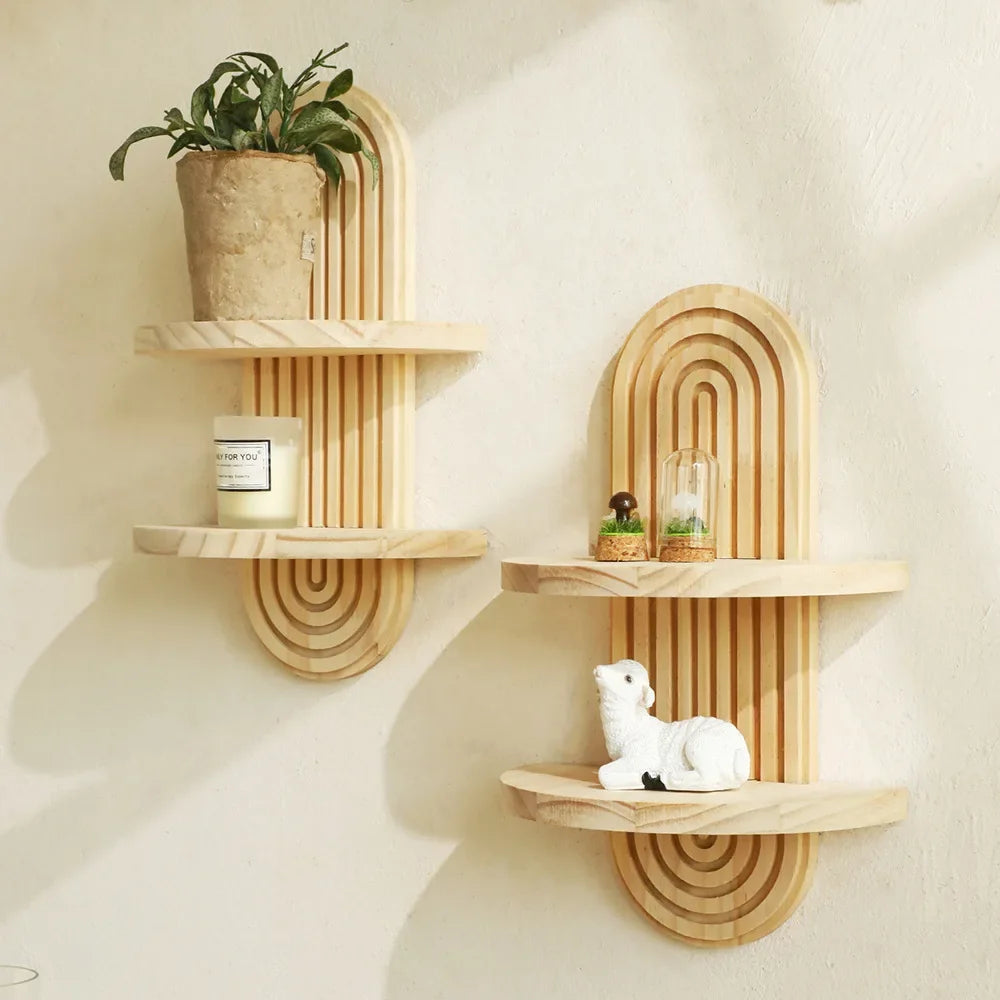 Wooden Wall-Mounted Shelves – Boho Style Rack for Living Room & Bathroom Home Decor