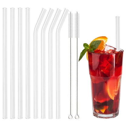 200x8mm Eco-Friendly Reusable Glass Straw Set - High Borosilicate Smoothie & Cocktail Straws with Cleaning Brush