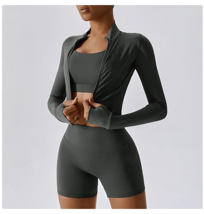 3PCS Women’s Yoga & Workout Set – Long Sleeve Zipper Top with High Waist Leggings Fitness Sportswear