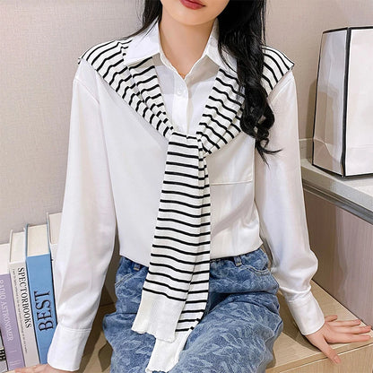 Striped Knitted Shawl Scarf – Warm Winter Cape with Fake Collar for Women