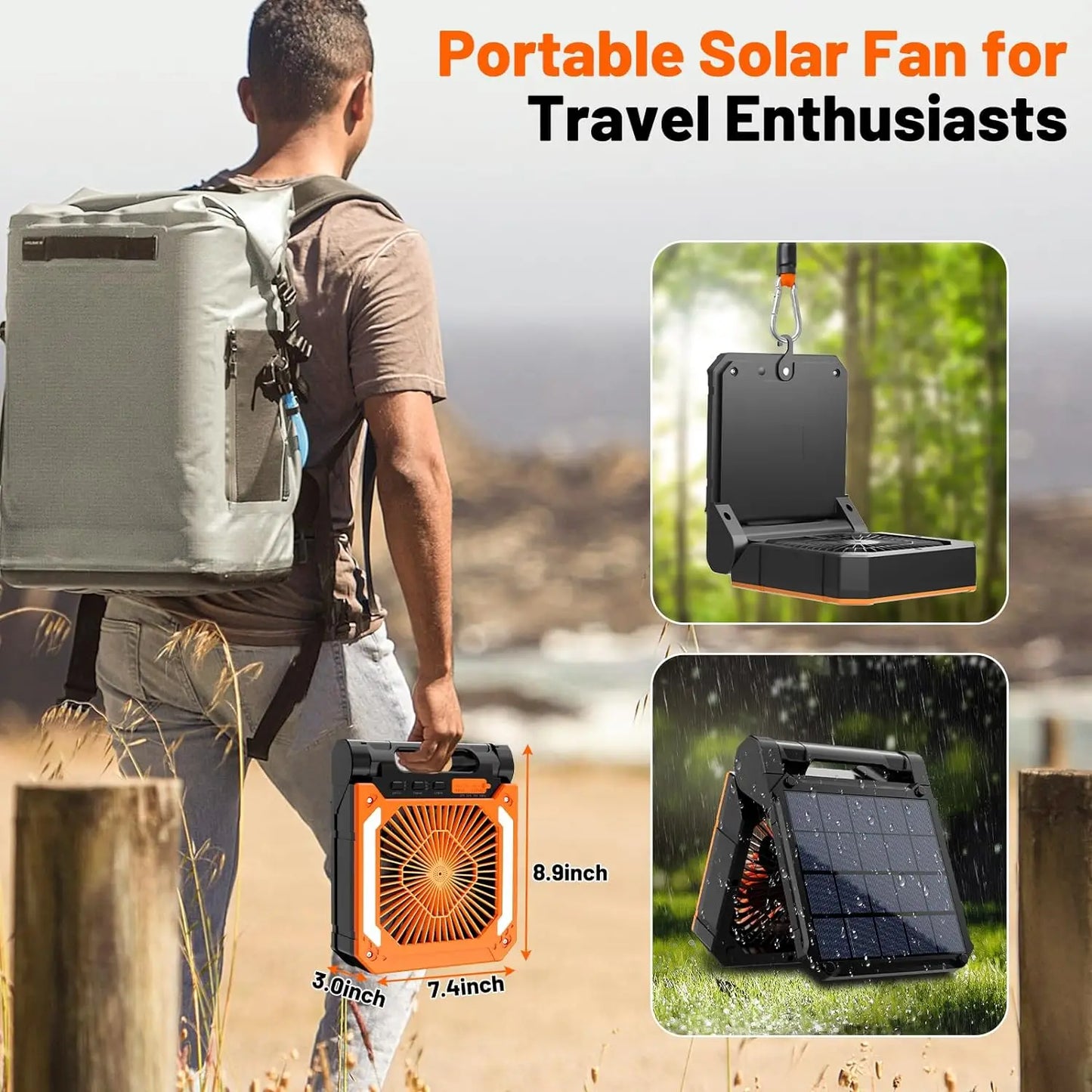 20000mAh Portable Electric Fan with LED Light — USB, Solar & Car Charging for Camping