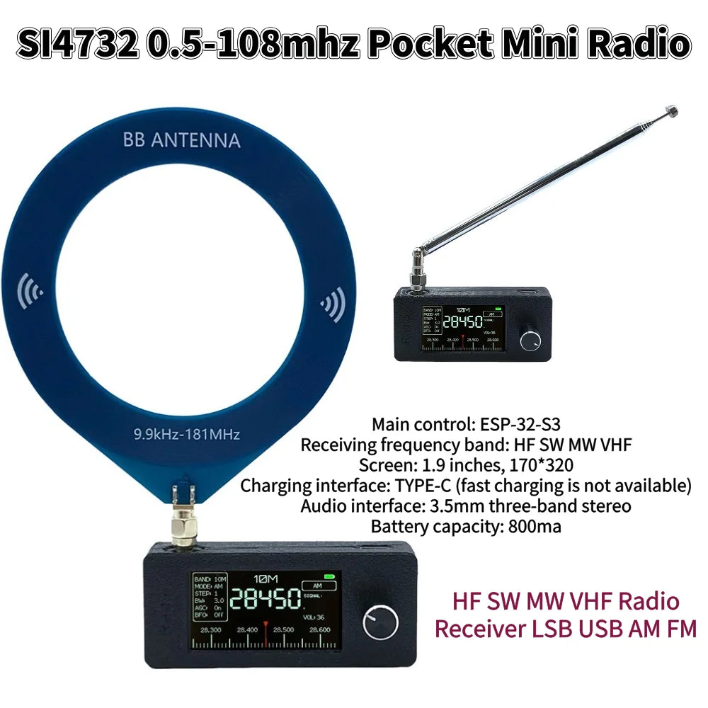 SI4732 Portable All-Band Radio – 0.5-108MHz AM/FM/LSB/USB, 1.9" IPS Screen, Mini HF SW MW VHF Radio Receiver