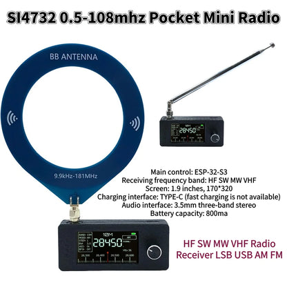 SI4732 Portable All-Band Radio – 0.5-108MHz AM/FM/LSB/USB, 1.9" IPS Screen, Mini HF SW MW VHF Radio Receiver