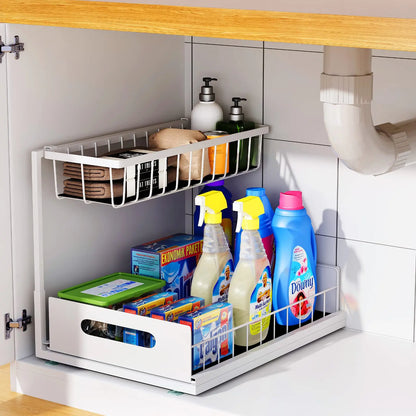 Under Sink 2-Tier Sliding Cabinet Organizer — Pull-Out Basket Drawer for Bathroom & Kitchen Storage