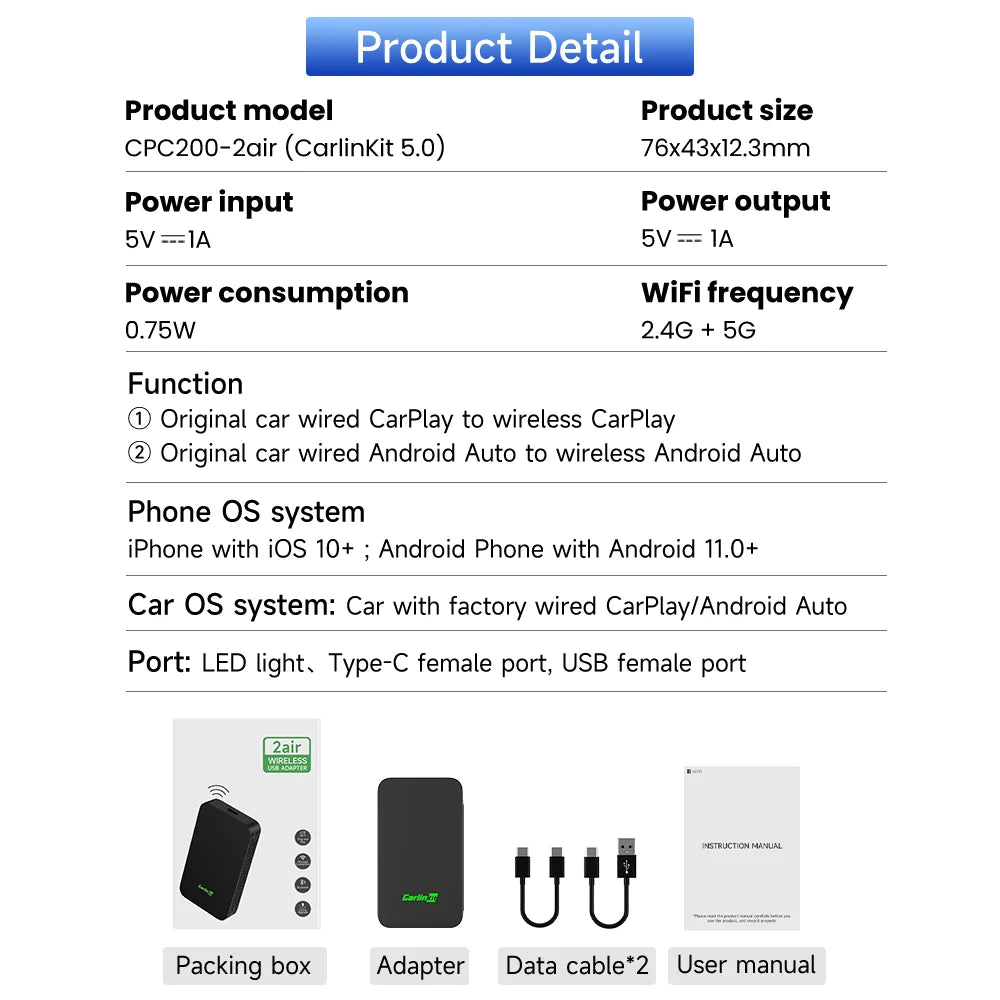CarlinKit 5.0 Wireless CarPlay and Android Auto Adapter Dongle – Compatible with Toyota, Mazda, VW, Peugeot, Jeep, Cadillac, Chevrolet, Ford, and More